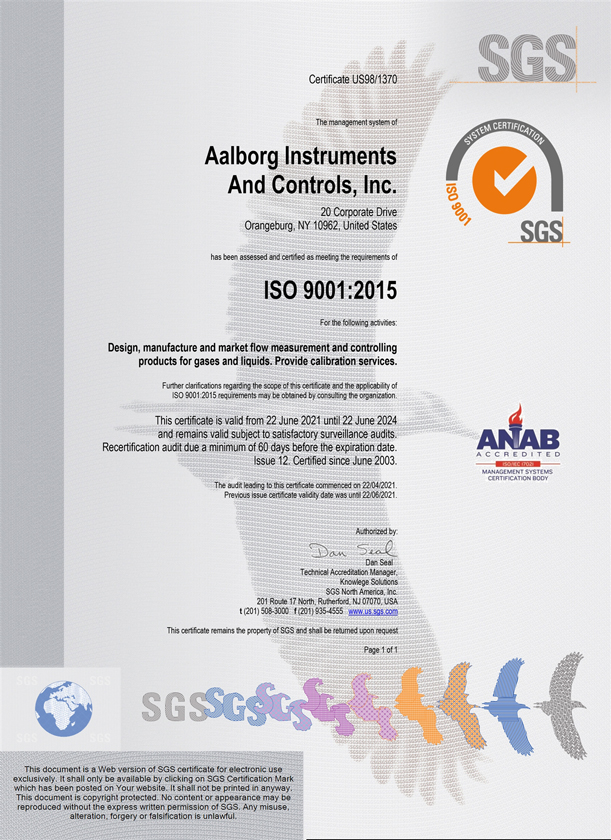 Aalborg Instruments ISO 9001:2015 Zertifizierung